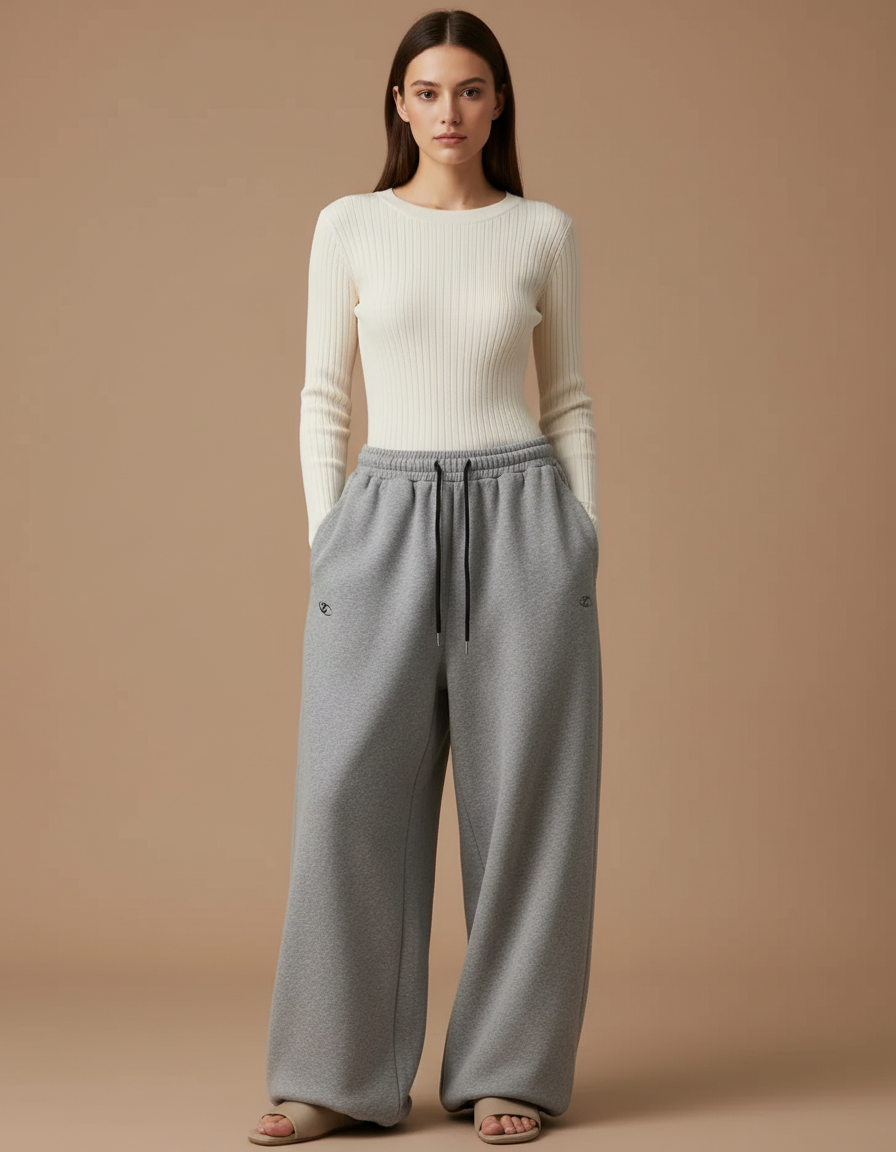 Pantalon Gris Ample Molletonné Brodé Cordon Femme
