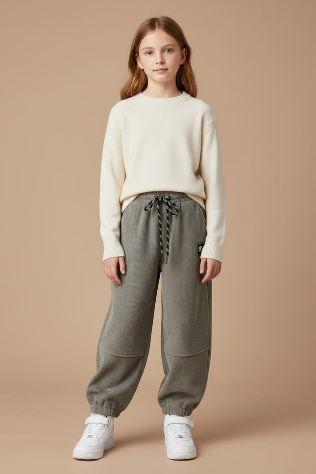 Pantalon Gris Côtelé Large Ample Doux Fille - Cordé