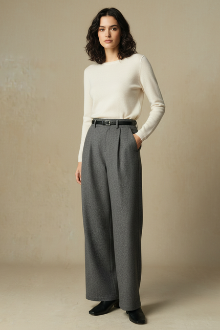 Pantalon Gris Laine Ample Plissé Élégant Femme