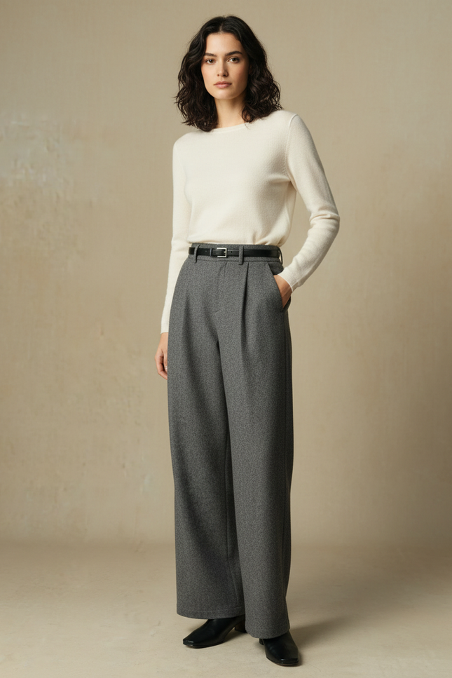Pantalon Gris Laine Ample Plissé Élégant Femme