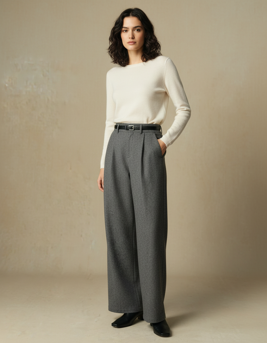 Pantalon Gris Laine Ample Plissé Élégant Femme