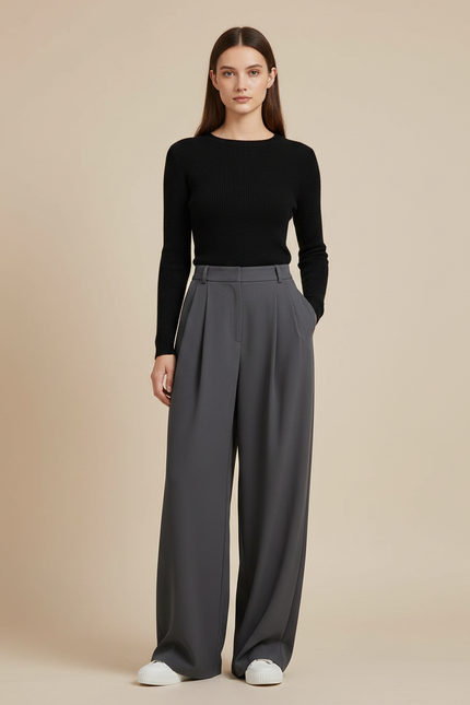 Pantalon Gris Ample Plissé Fluide Décontracté Femme - Polyester