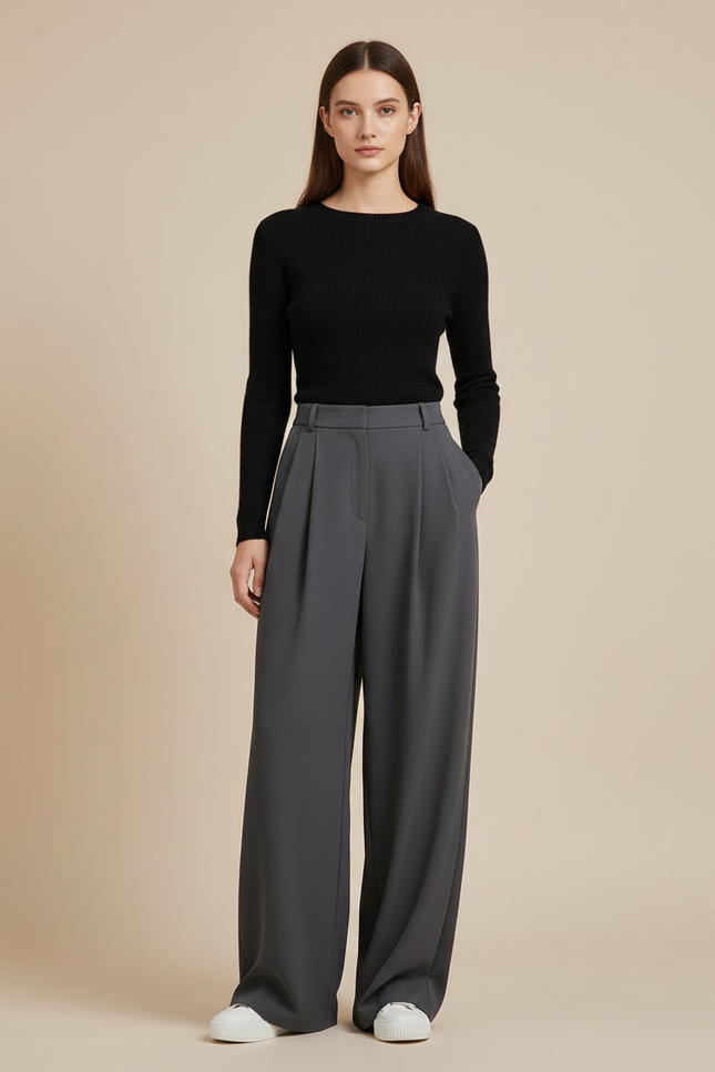 Pantalon Gris Ample Plissé Fluide Décontracté Femme - Polyester