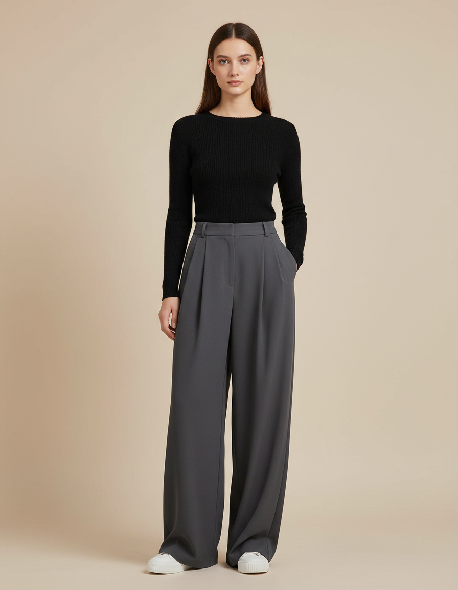 Pantalon Gris Ample Plissé Fluide Décontracté Femme - Polyester