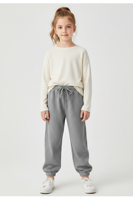 Pantalon Gris Waffle Confortable Ample Fille - Maille