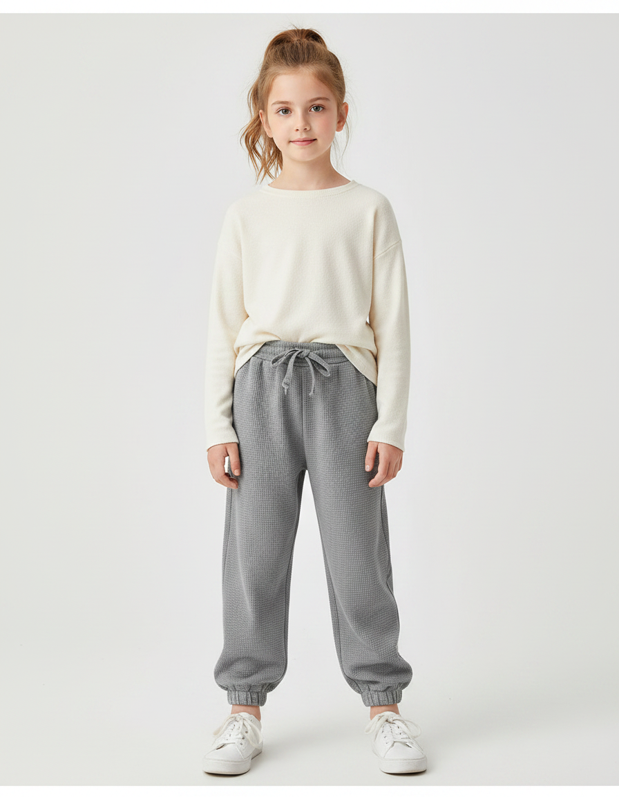 Pantalon Gris Waffle Confortable Ample Fille - Maille