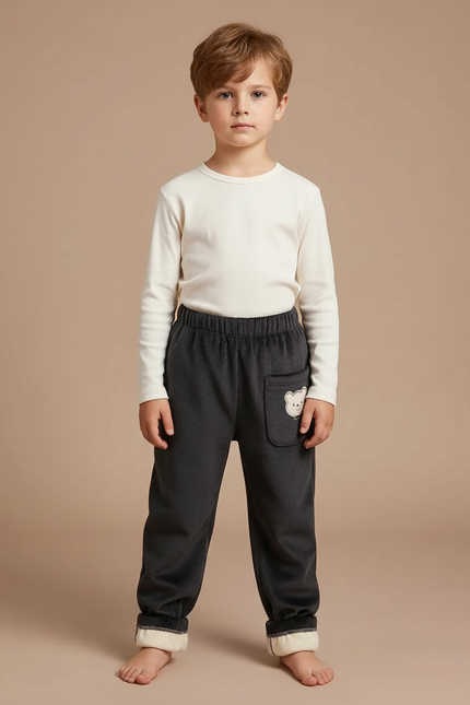 Pantalon Gris Côtelé Ours Hiver Doublé Polaire - Cordé