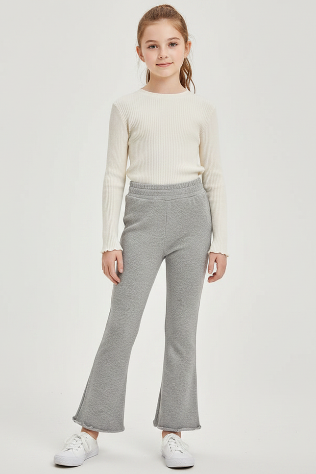 Pantalon Gris Évasé Confortable Fille Enfant Côtelé - Molleton
