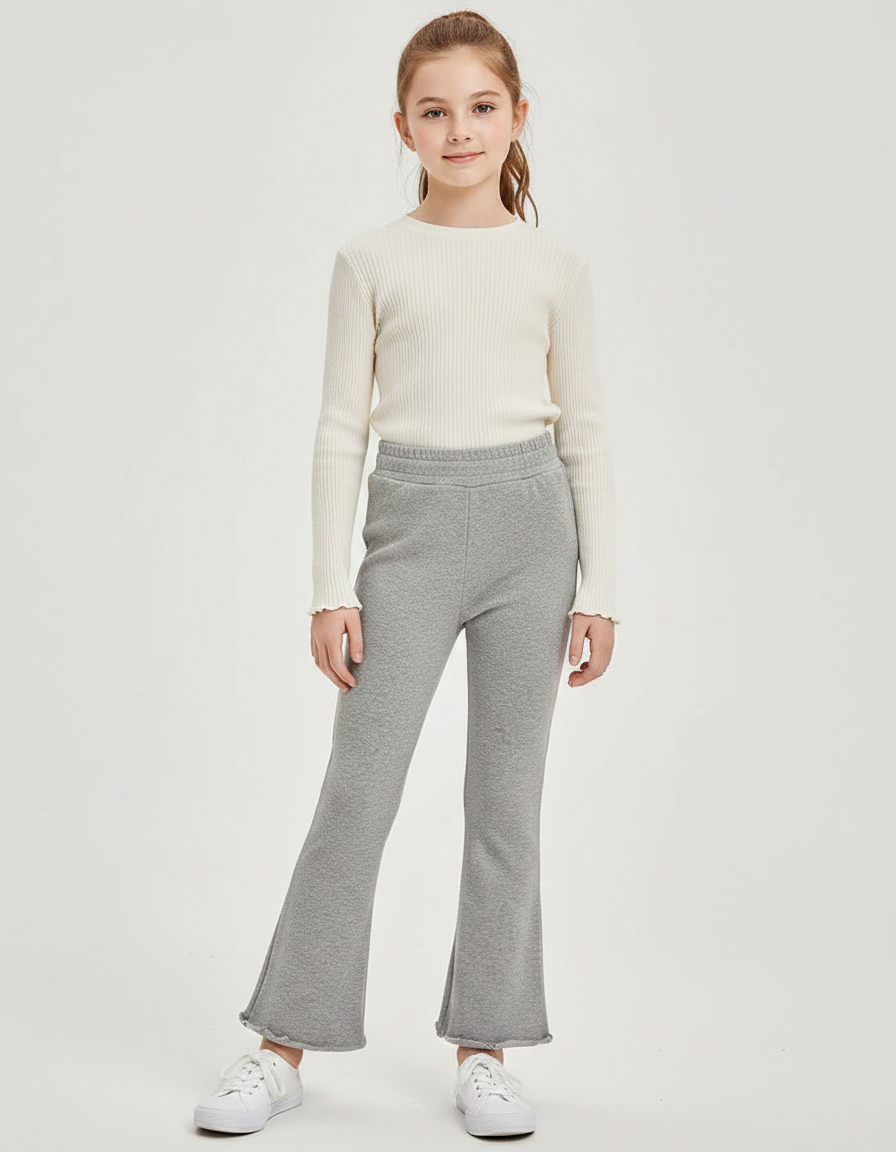 Pantalon Gris Évasé Confortable Fille Enfant Côtelé - Molleton