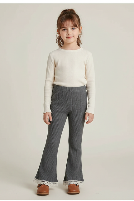 Pantalon Gris Côtelé Évasé Dentelle Fille Confortable - Maille