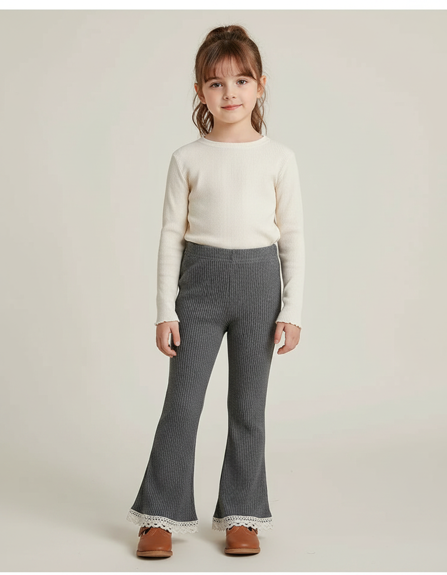 Pantalon Gris Côtelé Évasé Dentelle Fille Confortable - Maille