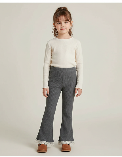 Pantalon Gris Côtelé Évasé Dentelle Fille Confortable - Maille