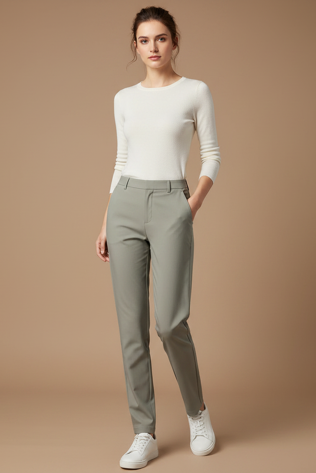 Pantalon Gris Coupe Droite Élégant Femme Stretch - Polyester