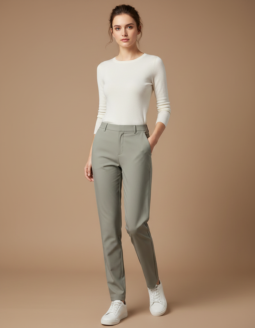 Pantalon Gris Coupe Droite Élégant Femme Stretch - Polyester