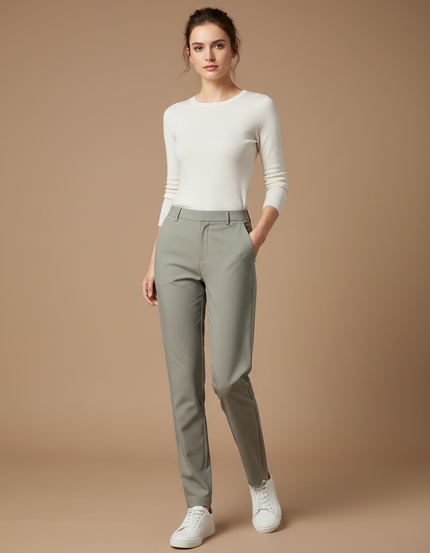 Pantalon Gris Coupe Droite Élégant Femme Stretch - Polyester