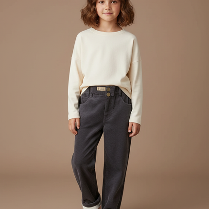 Pantalon Gris Côtelé Molletonné Enfant Ample Confortable - Cordé