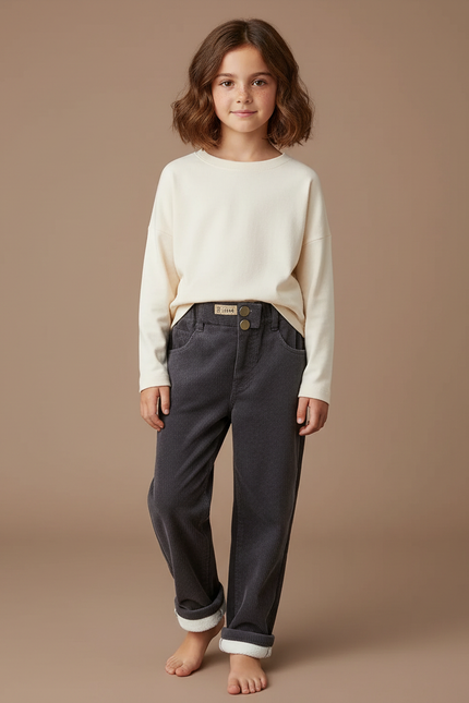 Pantalon Gris Côtelé Molletonné Enfant Ample Confortable - Cordé
