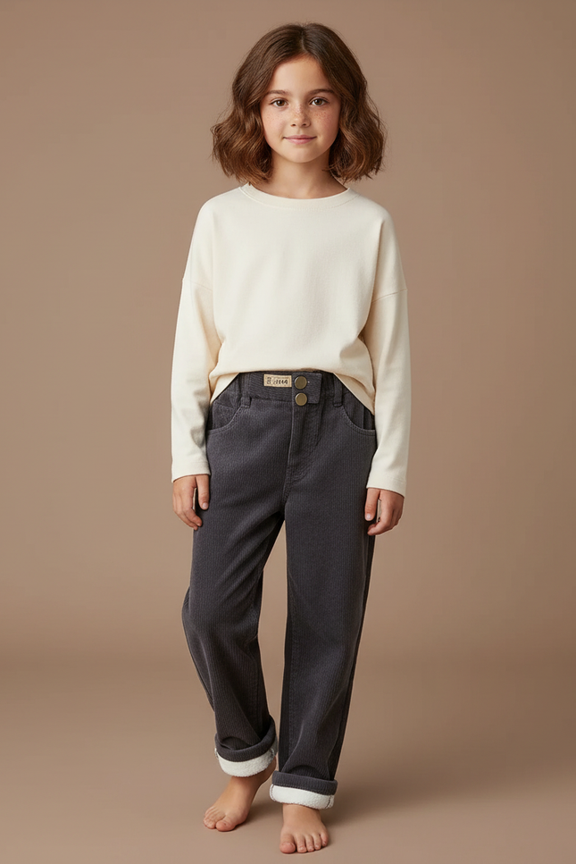 Pantalon Gris Côtelé Molletonné Enfant Ample Confortable - Cordé