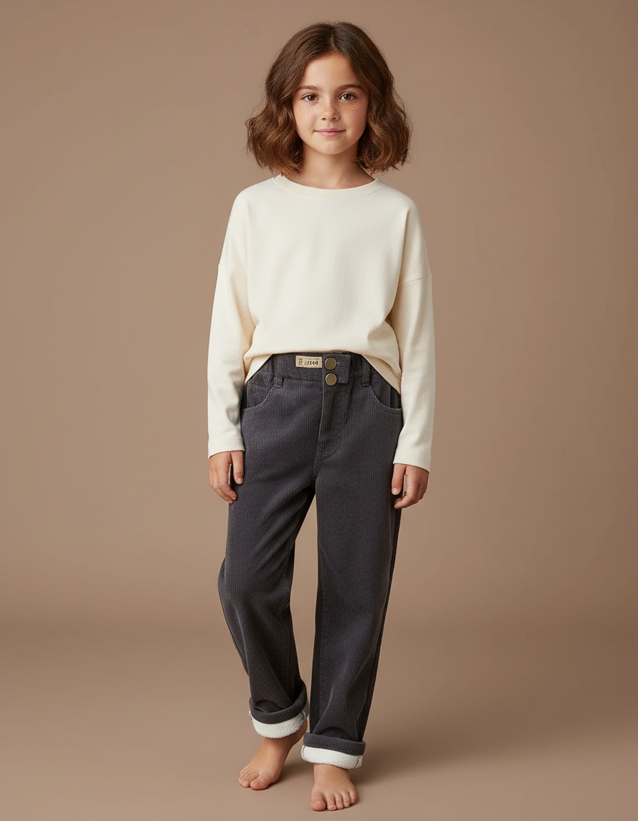 Pantalon Gris Côtelé Molletonné Enfant Ample Confortable - Cordé
