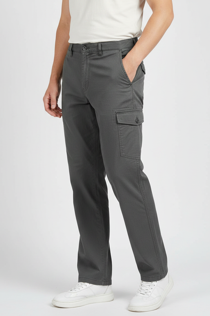 Pantalon Gris Cargo Coton Coupe Droite Décontracté Homme
