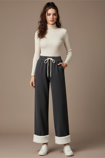 Pantalon Gris Velours Côtelé Ample Décontracté Femme - Cordé