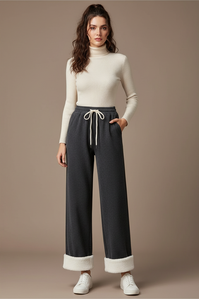 Pantalon Gris Velours Côtelé Ample Décontracté Femme - Cordé
