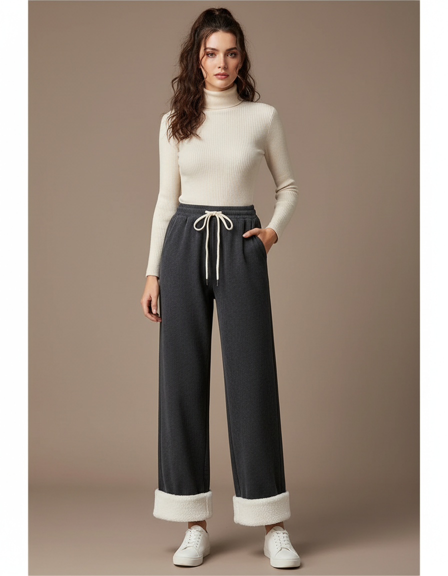 Pantalon Gris Velours Côtelé Ample Décontracté Femme - Cordé