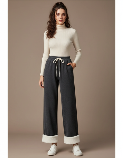 Pantalon Gris Velours Côtelé Ample Décontracté Femme - Cordé
