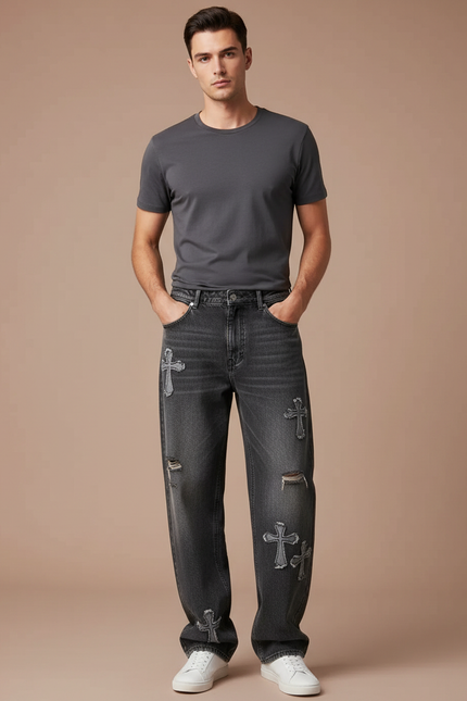 Pantalon Gris Jean Droit Large Croix Homme