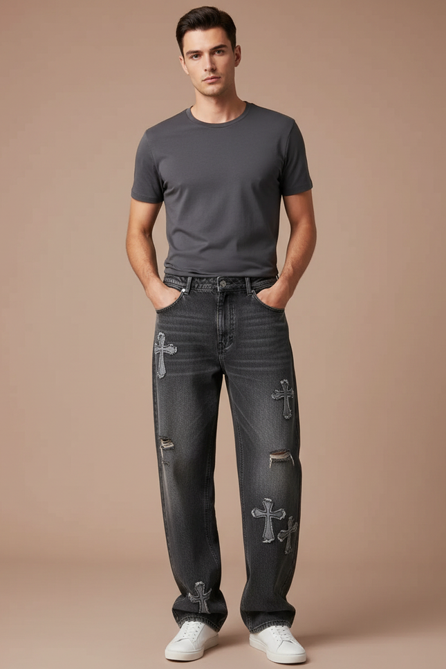 Pantalon Gris Jean Droit Large Croix Homme