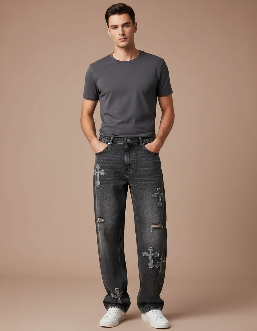 Pantalon Gris Jean Droit Large Croix Homme