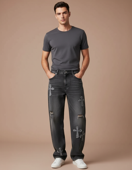 Pantalon Gris Jean Droit Large Croix Homme