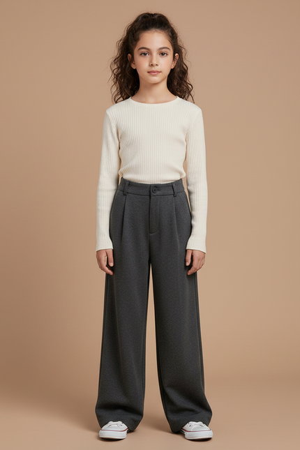 Pantalon Gris Ample Plissé Taille Haute Femme - Molleton