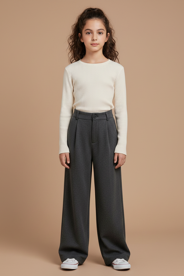 Pantalon Gris Ample Plissé Taille Haute Femme - Molleton