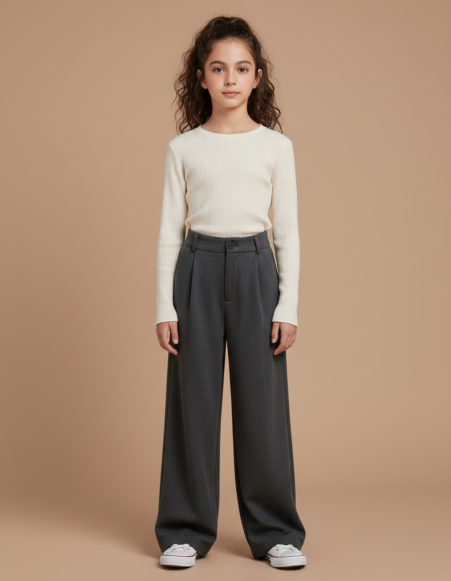 Pantalon Gris Ample Plissé Taille Haute Femme - Molleton