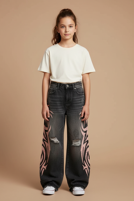 Pantalon Gris Tribal Large Déchiré Unisexe Streetwear - Jean