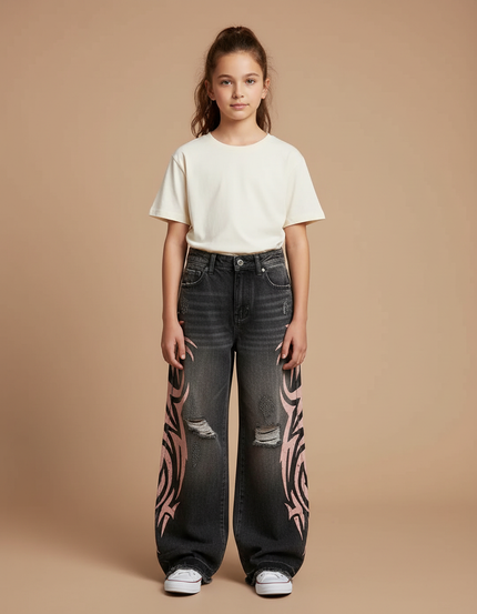Pantalon Gris Tribal Large Déchiré Unisexe Streetwear - Jean
