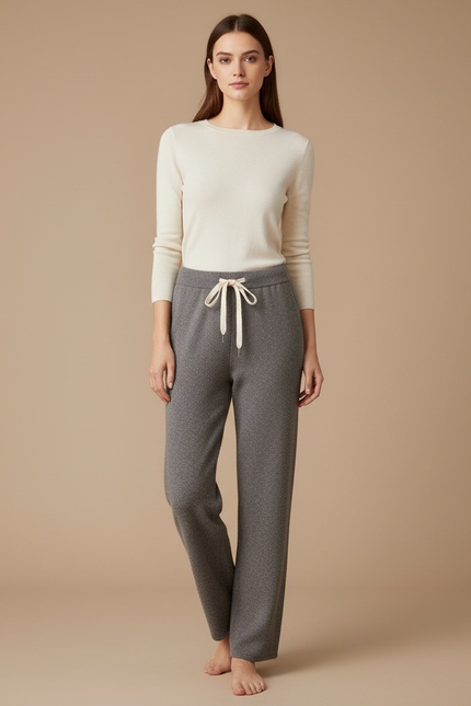 Pantalon Gris Tricoté Décontracté Ample Cordon Femme - Molleton