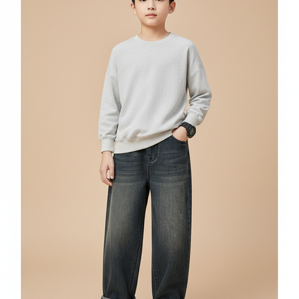 Pantalon Gris Denim Ample Décontracté Bicolore - Jean