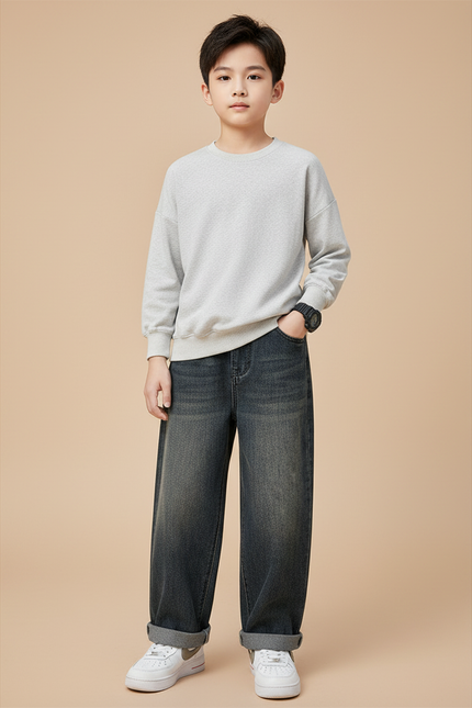 Pantalon Gris Denim Ample Décontracté Bicolore - Jean