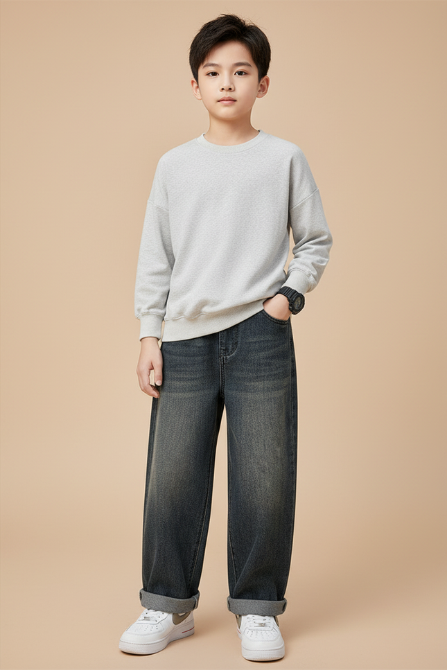 Pantalon Gris Denim Ample Décontracté Bicolore - Jean