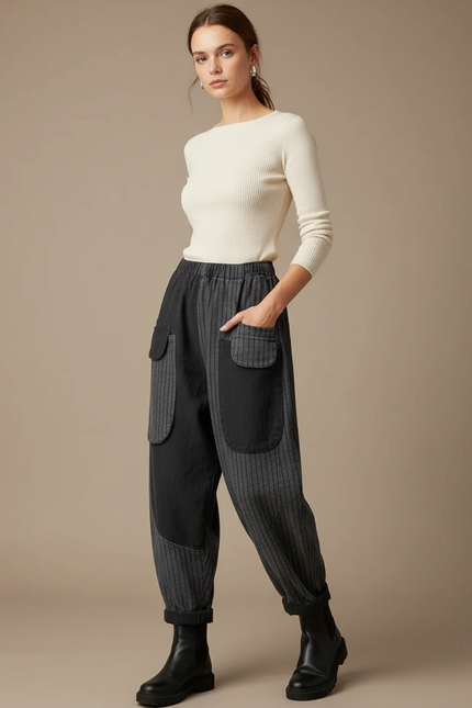 Pantalon Gris Harem Rayures Imprimé Patchwork Femme - Toile