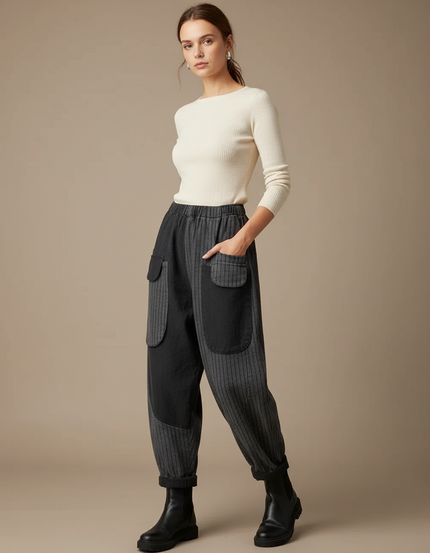Pantalon Gris Harem Rayures Imprimé Patchwork Femme - Toile