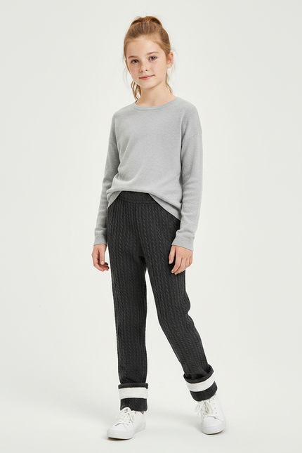 Pantalon Gris Tressé Élastique Chaud Enfant Fille - Maille