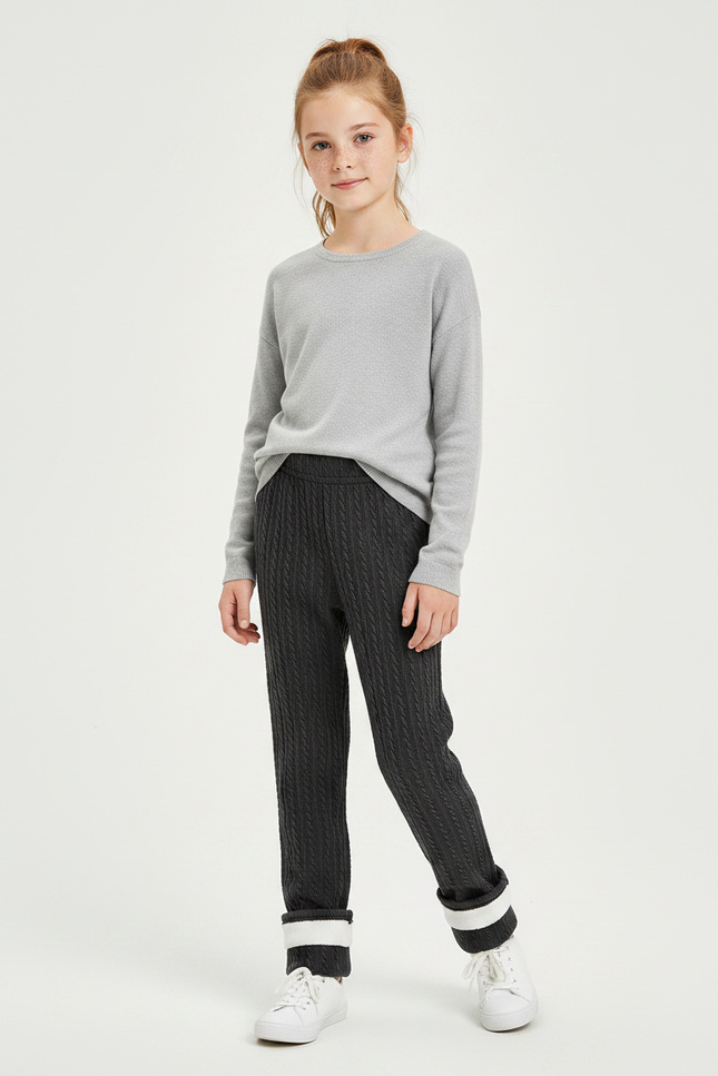 Pantalon Gris Tressé Élastique Chaud Enfant Fille - Maille