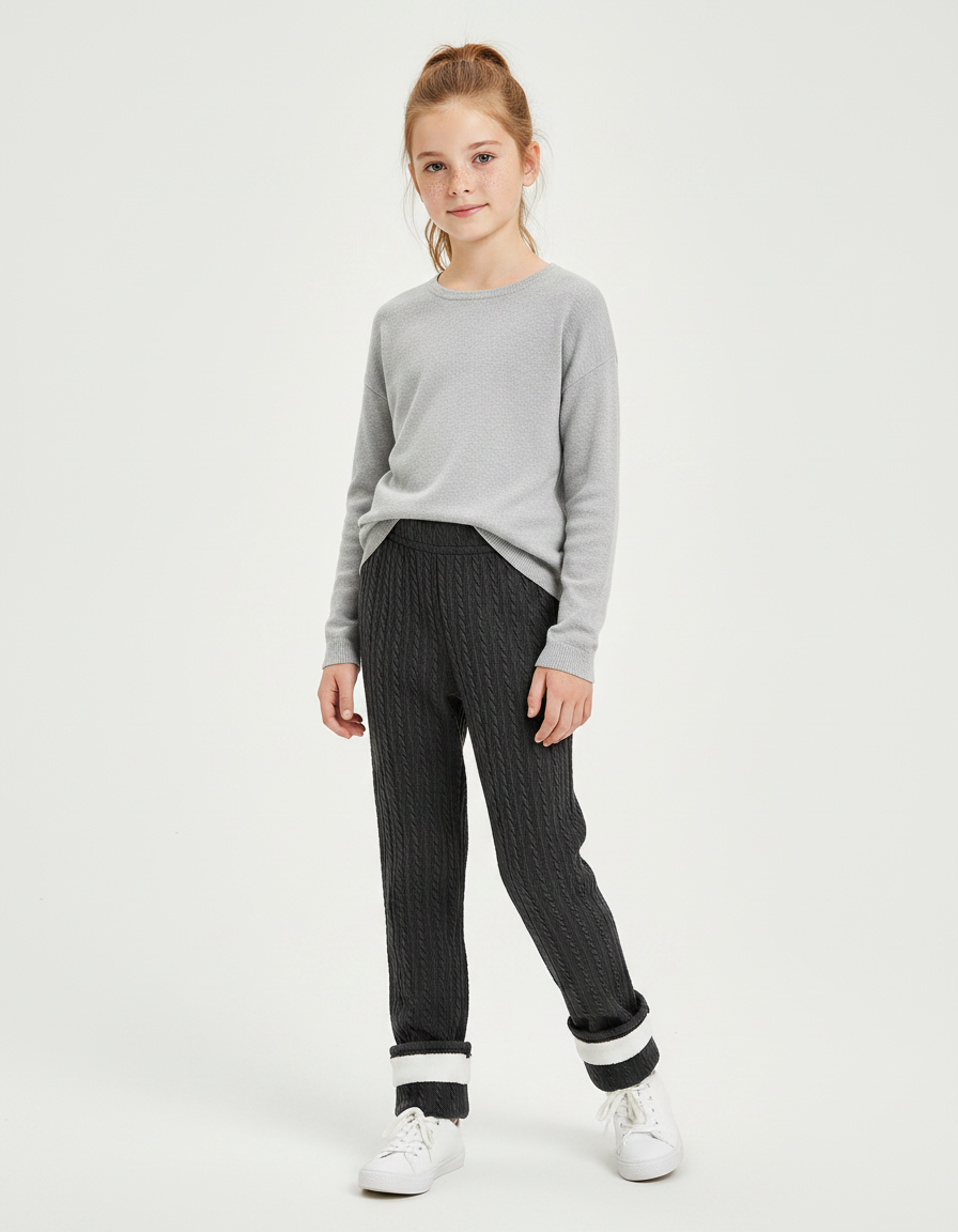 Pantalon Gris Tressé Élastique Chaud Enfant Fille - Maille