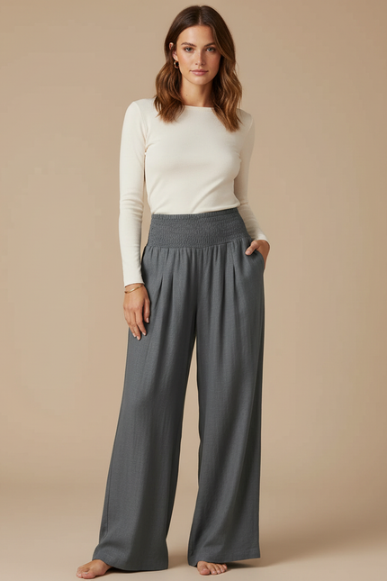 Pantalon Gris Ample Fluide Taille Haute Plissé - Viscose