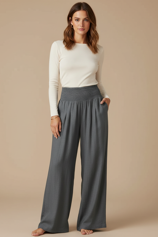 Pantalon Gris Ample Fluide Taille Haute Plissé - Viscose