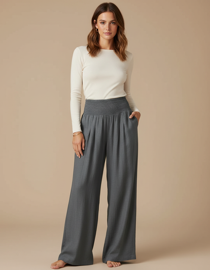 Pantalon Gris Ample Fluide Taille Haute Plissé - Viscose