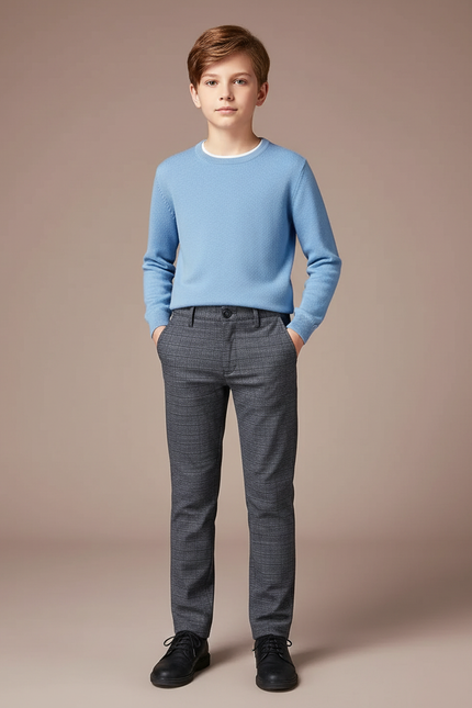 Pantalon Gris Carreaux Droit Décontracté Garçon - Laine